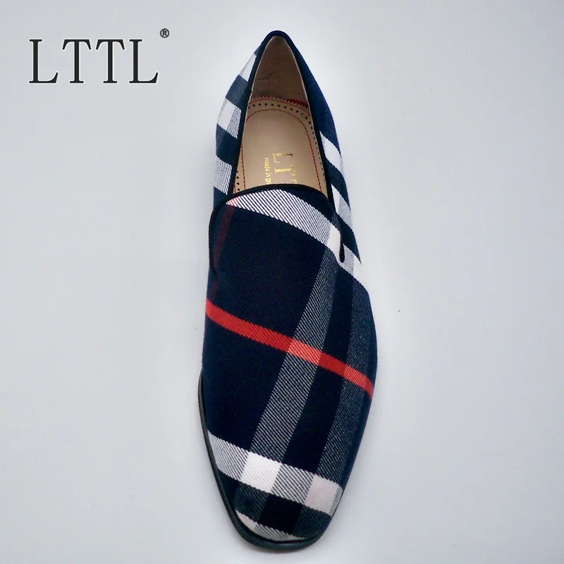 LTTL Mixed-color Plaid Canvas Shoes High Quality Square Toe Slip On Men Loafers Plus Size Summer Fashion Mens Shoes Casual Flats