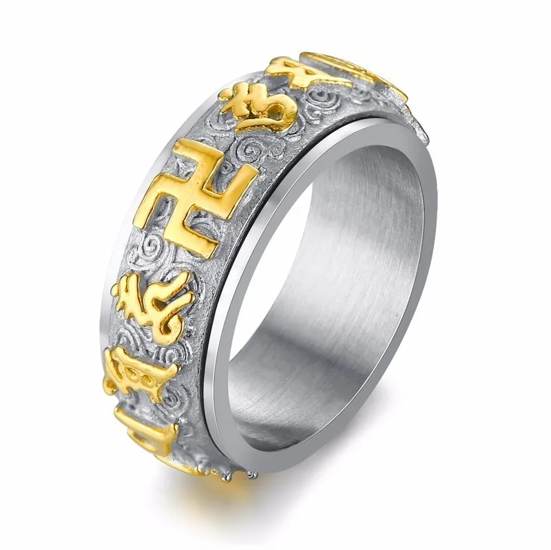 Винтажное вращающееся кольцо мантра Амулет из нержавеющей стали для мужчин Тибетский буддизм Свастика Ом Мани Падме Хум мужской подарок - Цвет основного камня: GOLD SILVER