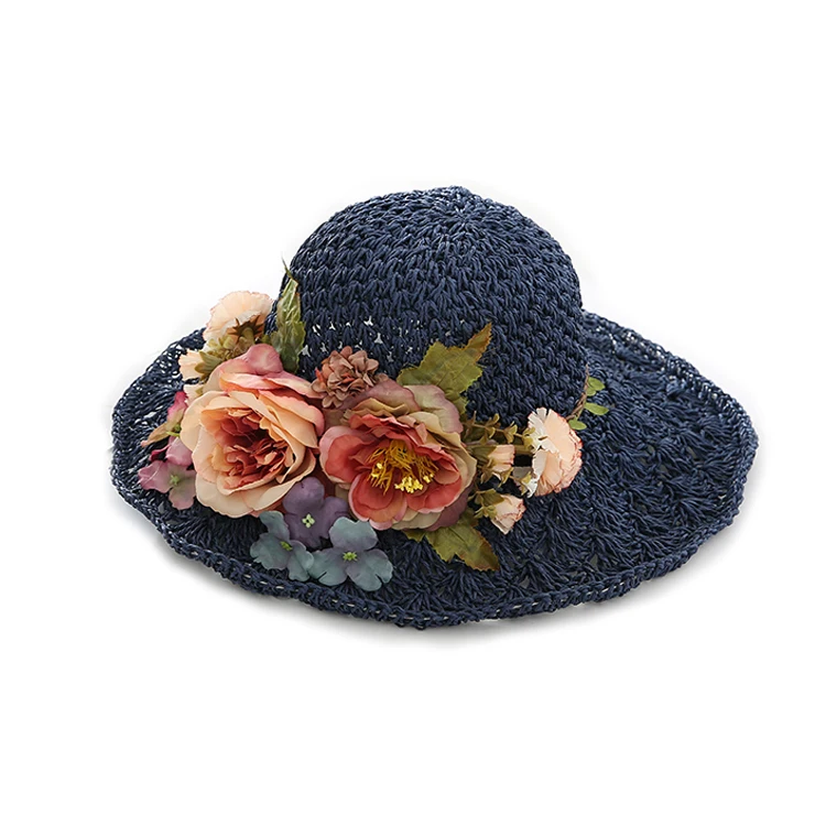 Ahuecado-hacia fuera sombrero versión coreana Chao Baitie flores sombrero de paja de verano de playa hecho a mano sombrero de paja plegable - 3