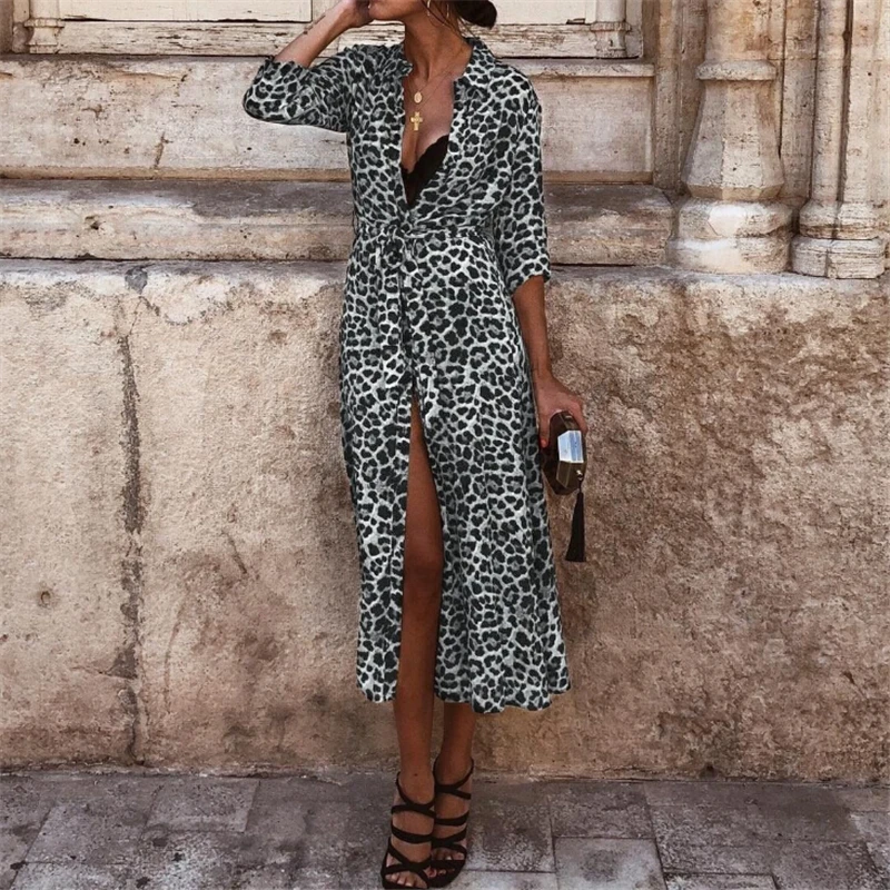 

Spring Sexy Women's Dress Leopard Print Deep V-neck Long Sleeve Bodycon Party Holiday Maxi Dresses