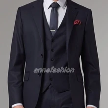 Изготовленный На Заказ итальянский высококачественный камвольный чистый шерстяной деловой мужской костюм с двумя пуговицами темно-синий костюм из трех предметов