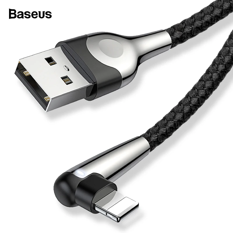 Baseus светящийся usb-кабель питания для iPhone XS Max XR X 8 7 6 6 S SE 5 Быстрая зарядка зарядное устройство Шнур 90 градусов данных кабель мобильного телефона