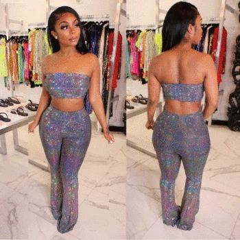 

HAOOHU Glitter Sexy Two Piece Set Women Strapless Off Shoulder Crop Top and Pants Summer 2 Piece Matching Sets Club Outfits