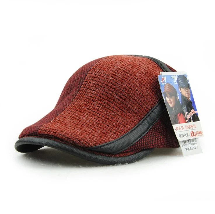 [JAMONT] брендовые зимние шапки для мужчин, береты, кепки, теплые лоскутные мужские шапки, вязаные козырьки, зимняя шапка, английский стиль, Gorras - Цвет: Wine Red