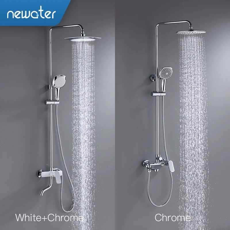 

Newater Bath White Shower Faucet Chrome White Wall Mounted Shower System Set Water Tap Mixer Head Hand Shower Sprayer