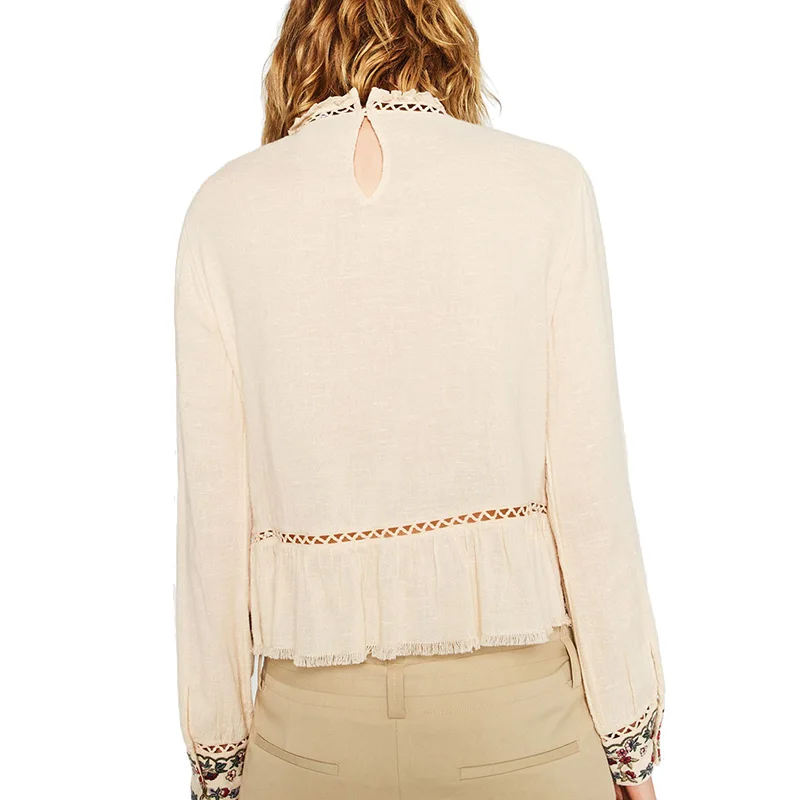 Женская Осенняя винтажная Свободная рубашка с цветочной вышивкой, открытая Ретро блуза с длинным рукавом, женские модные повседневные топы, рабочие блузы