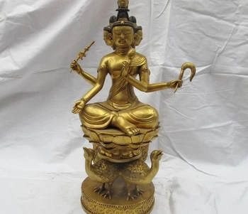 

Tibet 100% Pure Bronze 24K Gold 4 Arm 4 Face kwan yin Ride Swan Duck Statue