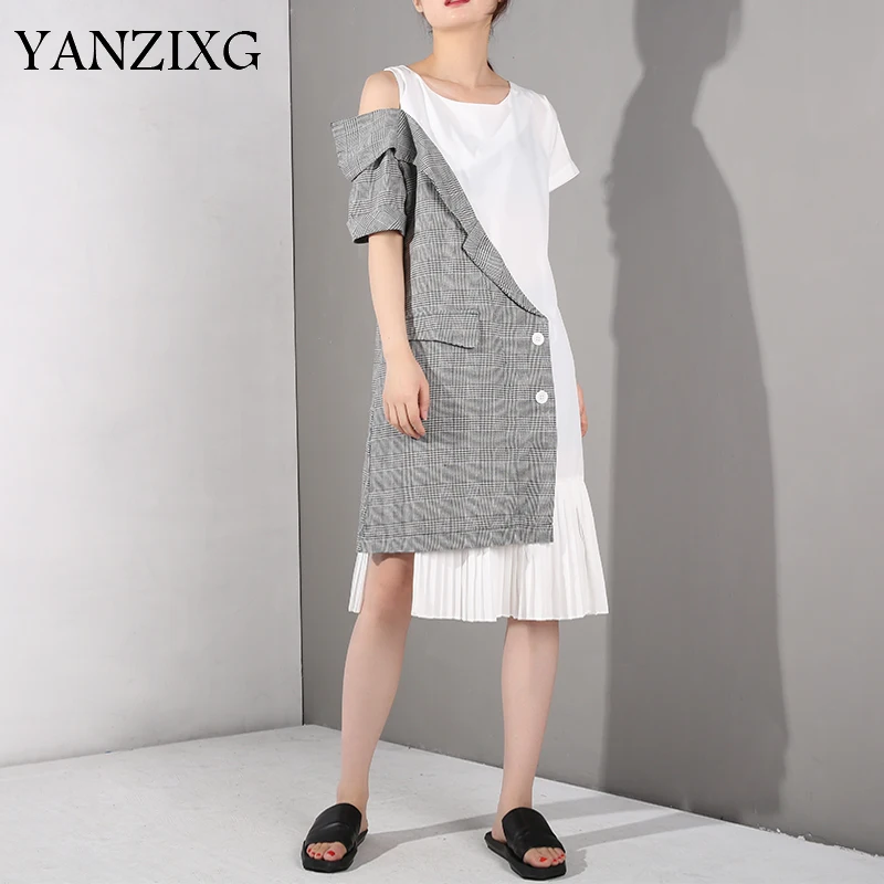

2019 New Spring Summer Round Neck Short Sleeve Black Plaid Printed Off Shoulder Black Loose Dress Women Fashion Tide E617
