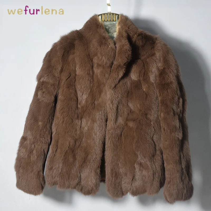 Women Genuine Rabbit Fur Coats Solid Female Stand Collar Rex Rabbit Fur