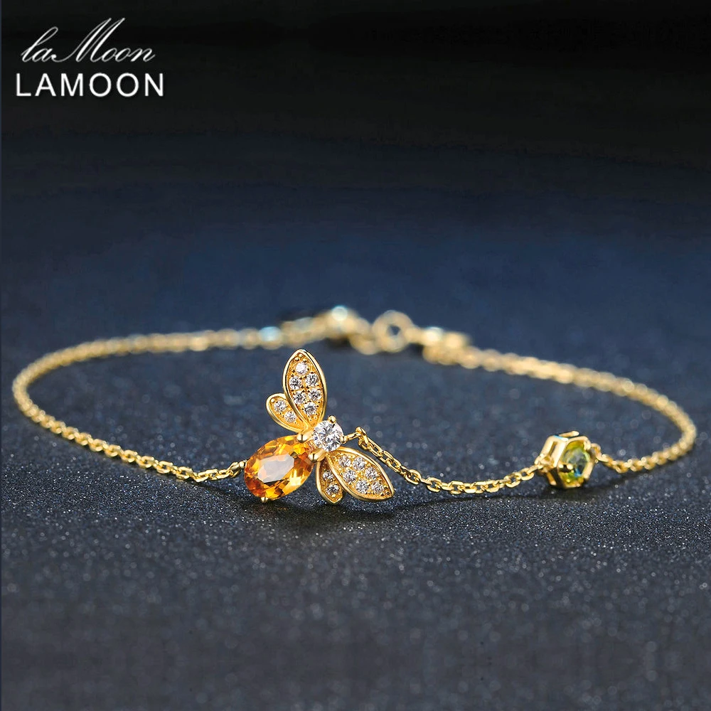 LAMOON- Bee 5X7mm 100% Natural Oval Citrine 925 Sterling Silver Jewelry Chain Charm Bracelet S925 LMHI002