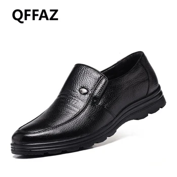 

QFFAZ New Spring/Autumn Men Casual Shoes Breathable Slip-on Genuine Leather Shoes Comfortable men shoes Round toe men shoes