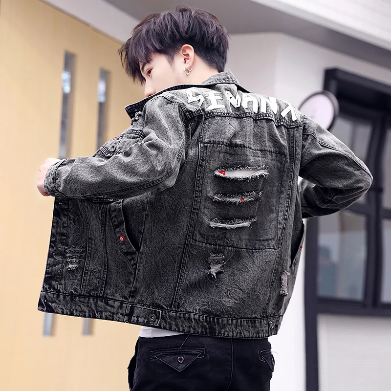 

Retro Denim Jacket Men Spring Autumn Washed Single Breasted Fashion Casual Hole Cowboy Tops Coats Chamarras Para Hombre