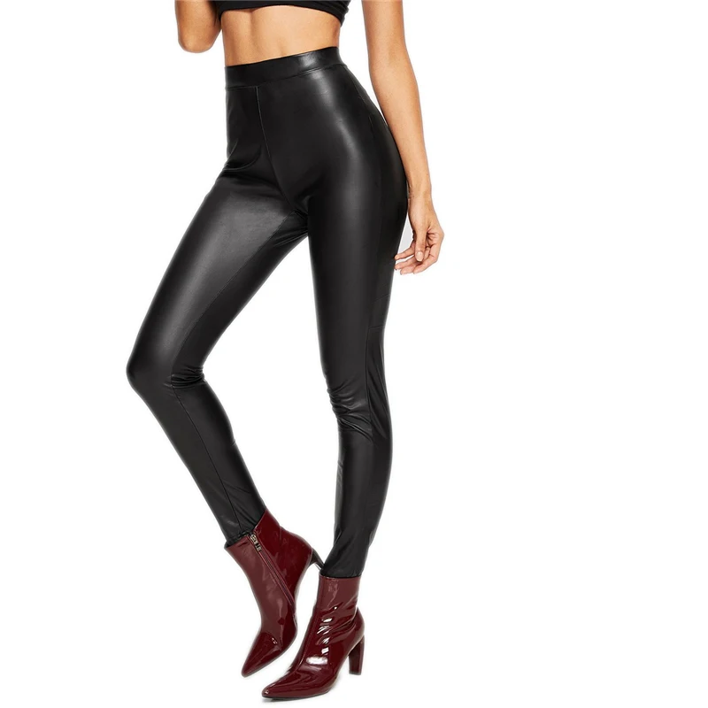 COLROVIE, черные однотонные кожаные обтягивающие повседневные леггинсы с эластичной талией, женские весенние модные зауженные брюки, женские корейские брюки