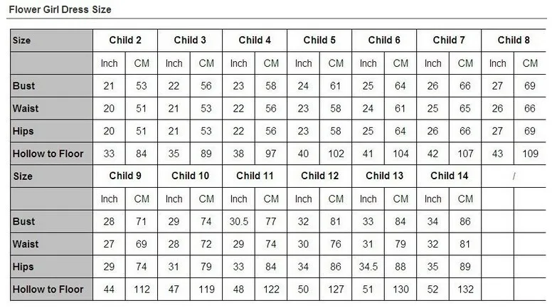 Flower Girl Size Chart