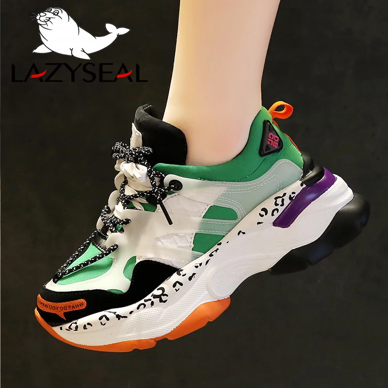 Ceny LazySeal nowa wysokość zwiększenie koronkowe botki buty damskie okrągłe toe sznurowane buty do chodzenia oddychająca platforma buty sportowe z siatką przepuszczającą powietrze