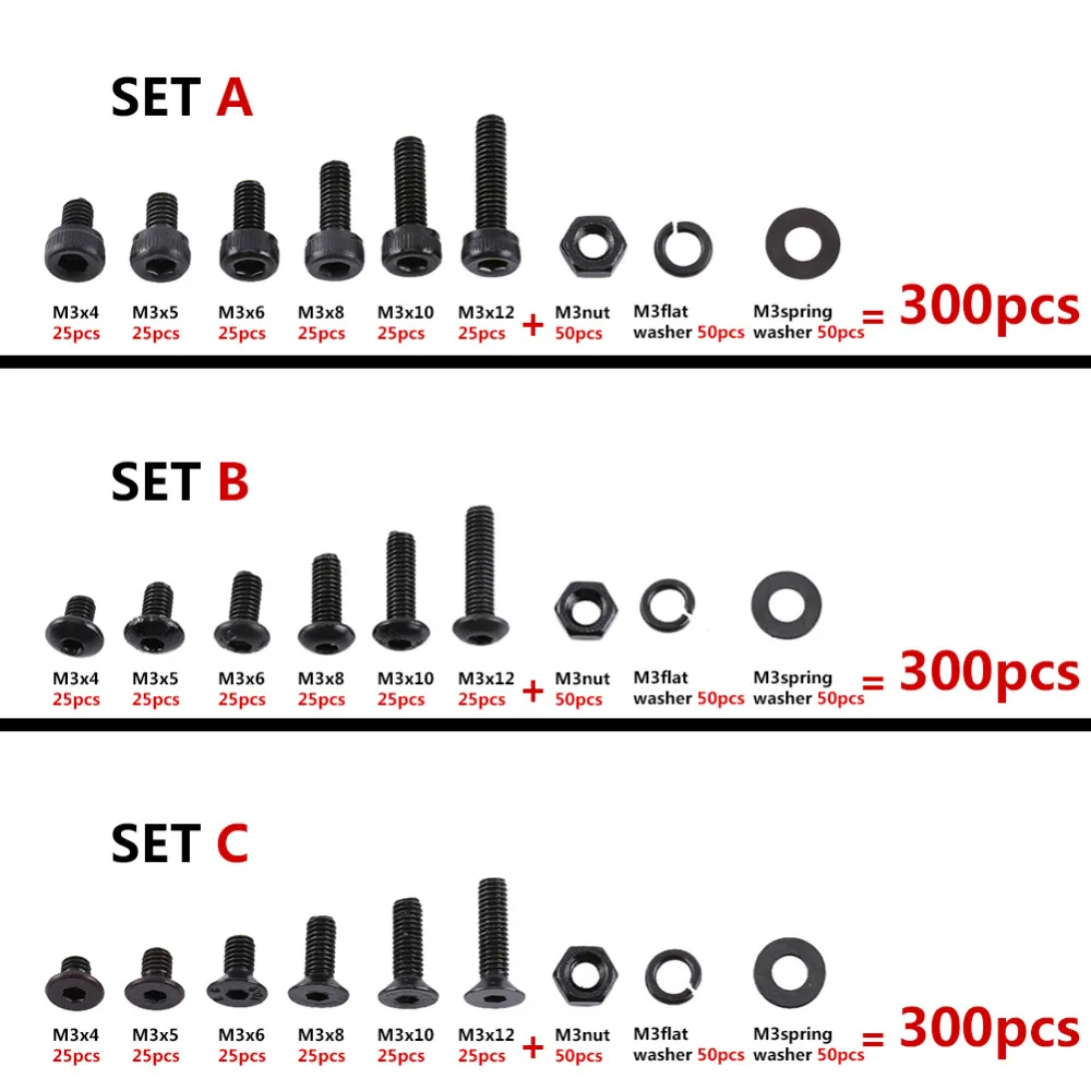 

300Pcs/Lot Alloy Steel Screws M3 Hex Socket Screws Bolt With Hex Nuts Washers Assortment Kit Fastener Repair Tool Accessory