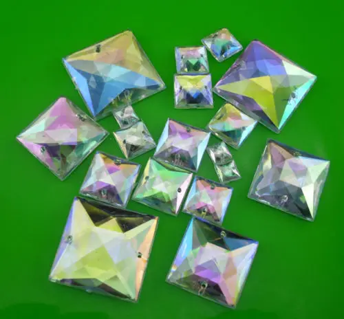 

Both ends hole steeple top faceted square AB Acrylic resin Crystal silver flat back Rhinestone clothing applique sew 50pcs CE