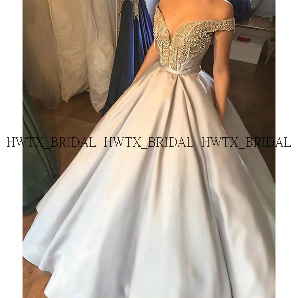 

Silver Crystal Beading Quinceanera Dresses 2020 Off the Shoulder Satin Vestidos de 15 anos Sweet 16 Prom Dress Ball Gown Custom
