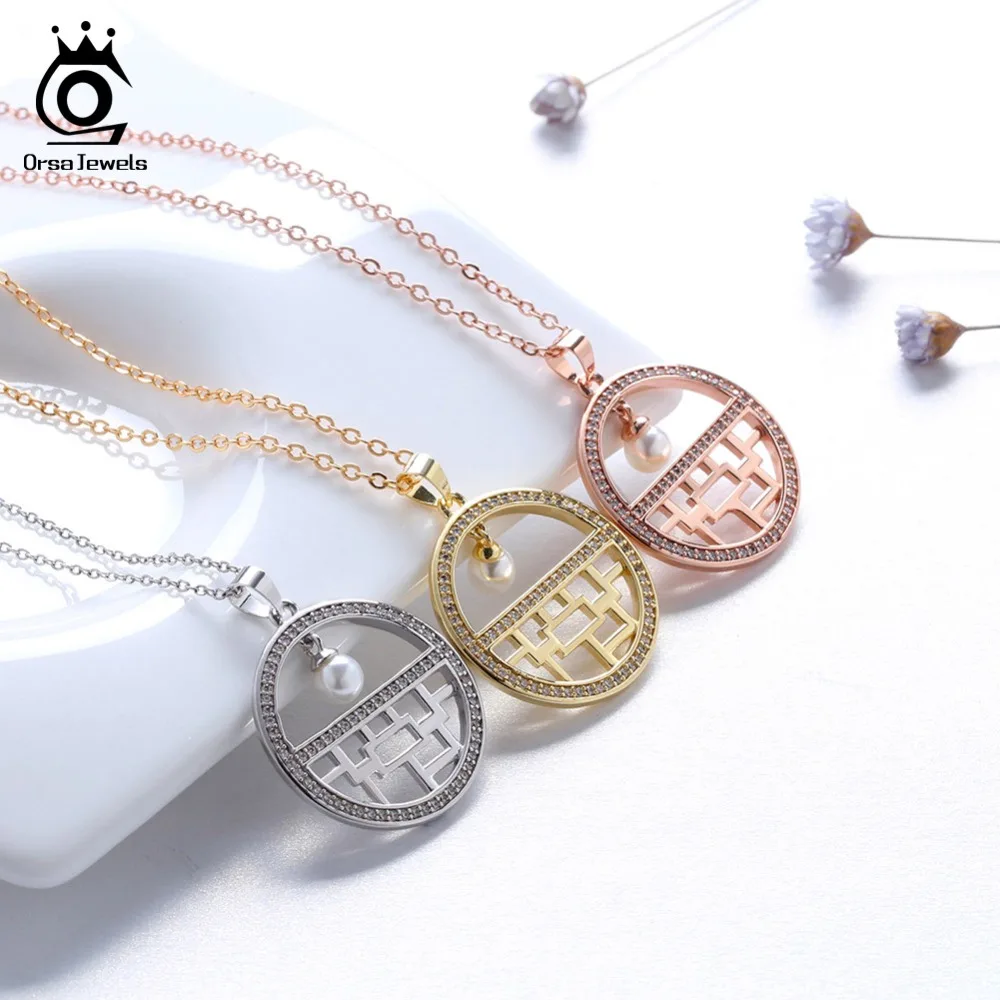 

ORSA JEWELS Necklace For Women China Flower Window Pattern Hollowed With Genuine Pearl AAA CZ Female Wedding Party Jewelry ON152