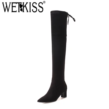 

WETKISS Lace-Up Solid Women Over The Knee Boots Pointed Toe Thick Heel Shoes Casual Zip Female Thigh High boot Fashion Long Boot
