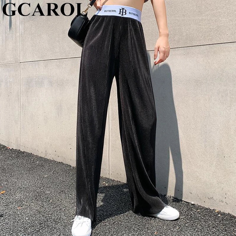 

GCAROL 2019 Women Ice Silk Pleated Long Pants Sweatpants High Elastic Waist Drape Wide Leg Pants Casual Fall Spring Trousers