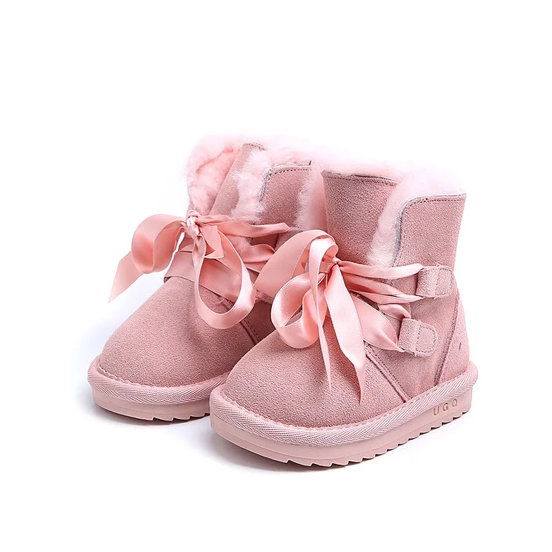 Baby girl's real fur wool Snow boots Ribbons lace up children's real leather winter shoes warm