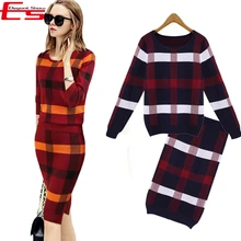 New 2016 Winter 2 Pieces Sweater Dress Set Women Long Sleeve Office Wear Casual Plaid Pullover Knitted Dresses Clothing Suit