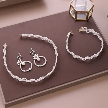 

FORSEVEN Korean Style Lace Hairband Necklace White Flower Pearl Earrings Tiaras Set Bridal Bride Wedding Jewelry Accessories