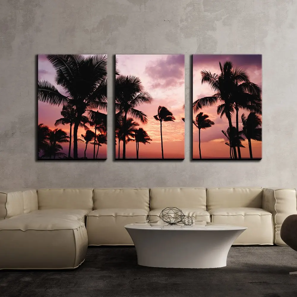 3 Piece Canvas Wall Art Tropical Landscape with Palm Trees at Sunset