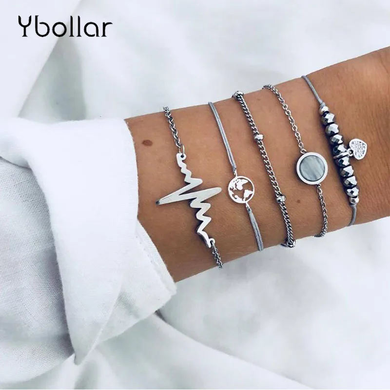 

5pcs/Set Retro Simple Hollow Map Heart Pendant Heartbeat Beads Chain Bracelet Set Multilayer Women Fashion Bangle Gift Jewelry