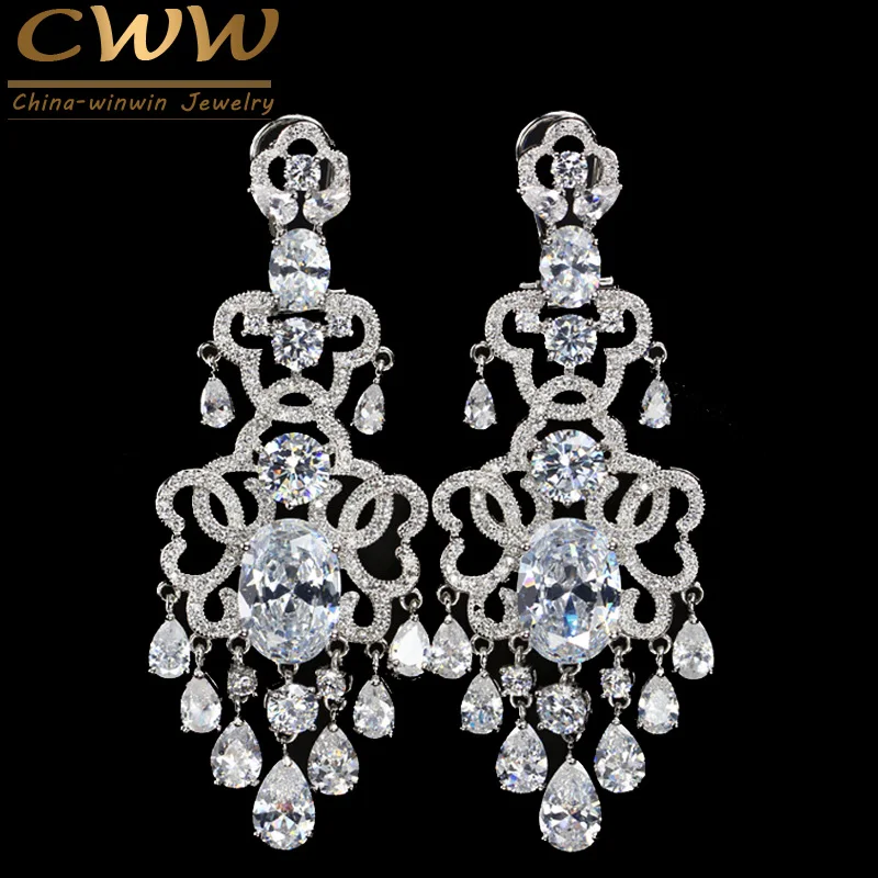 CWWZircons AAA качественное платье ювелирные изделия полностью кубический цирконий камни большие падения свадебные длинные серьги для женщин CZ381