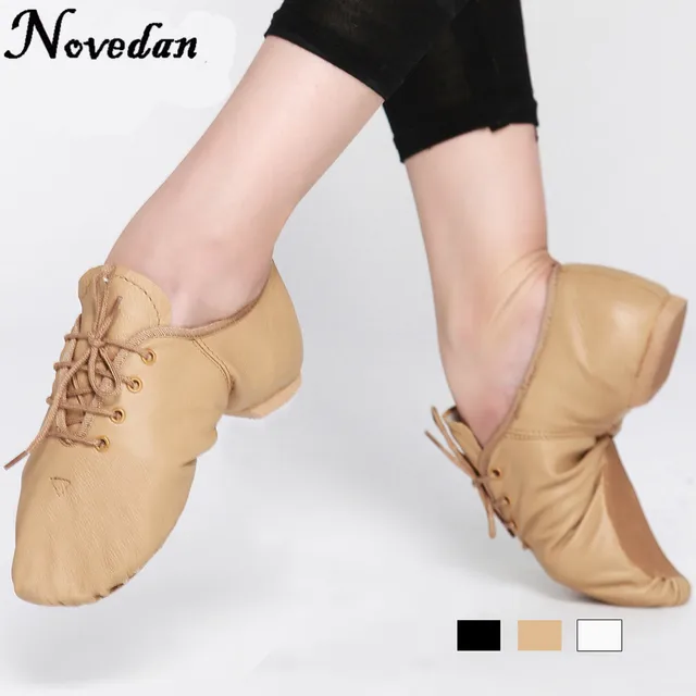 Black Tan Leather Lace Up Jazz Dance Shoes Soft Oxford Ballet Jazz