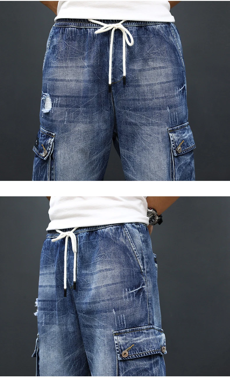 Классический Для Мужчин's штаны-карго из денима шорты эластичная кулиска на талии мульти-рваные, с карманами на улице Стиль в стиле