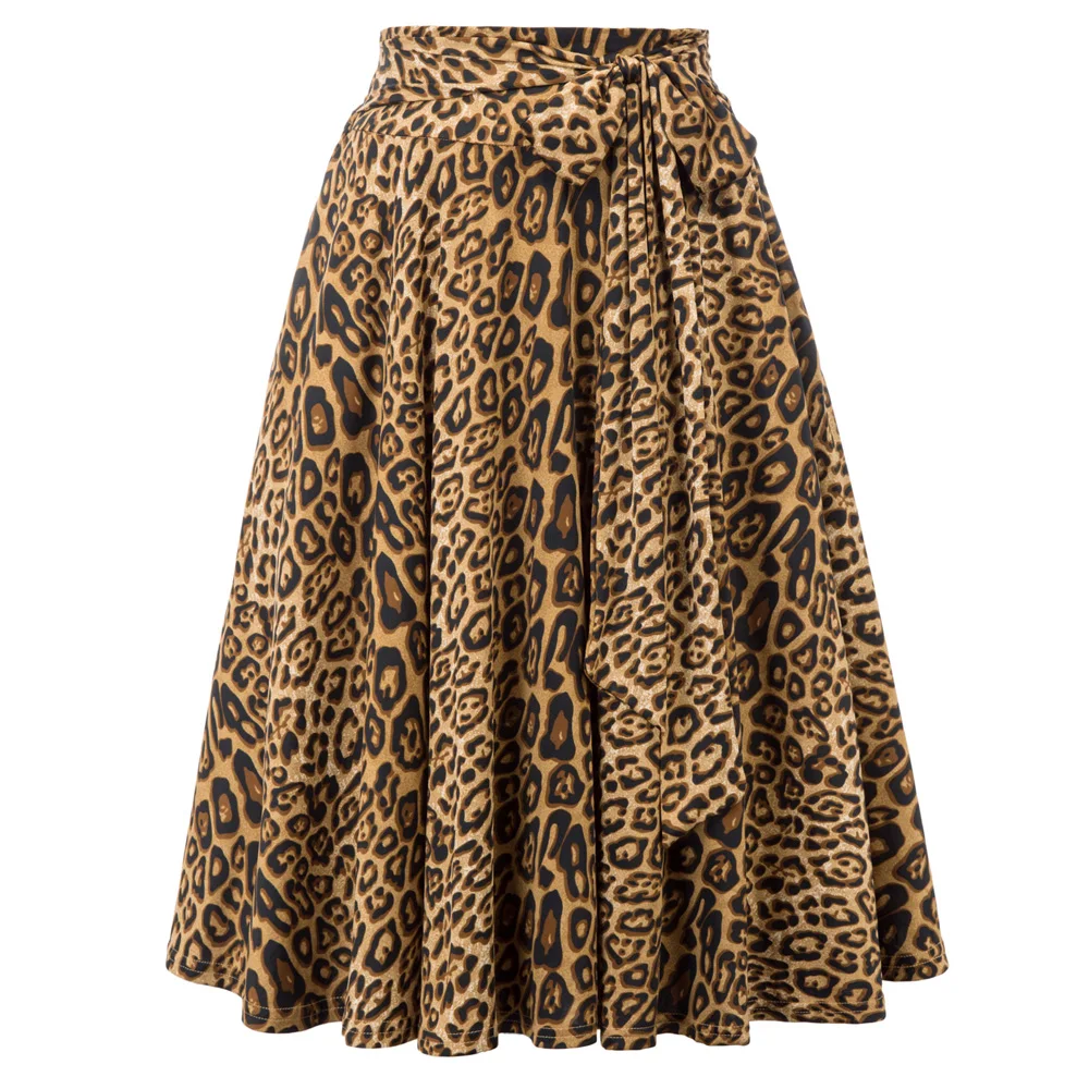 Belle qoque Ретро стиль юбка высокая талия юбка женская юбка с карманами юбка миди юбки женские осень зима бант на поясе юбки женские мода юбка плиссе юбка леопардовая - Цвет: Leopard Pattern