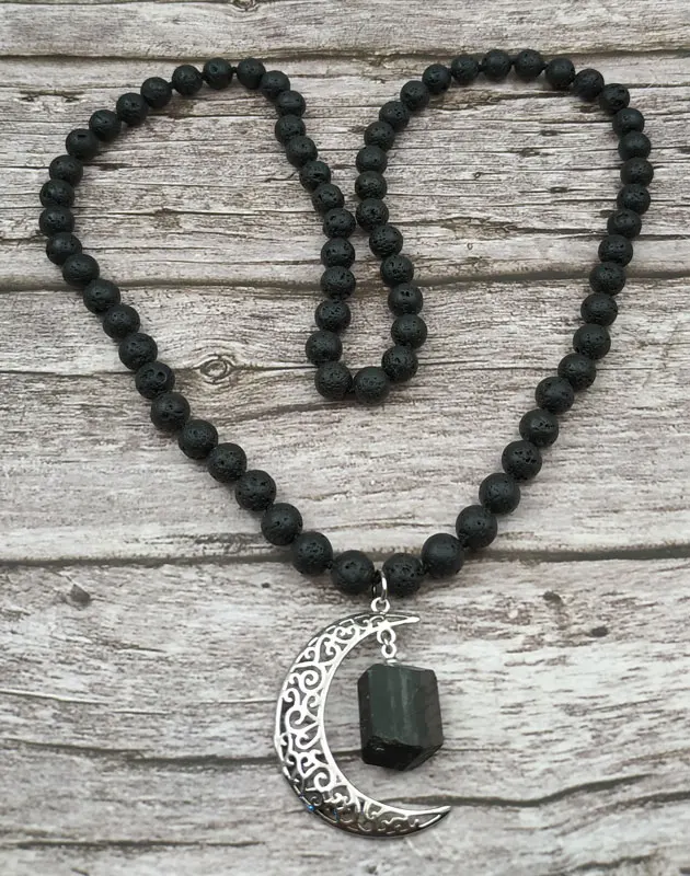 YA3925 Natural Black Tourmaline Monn Pendant Black Lava Stone Beads Knot Handmade Necklace 3