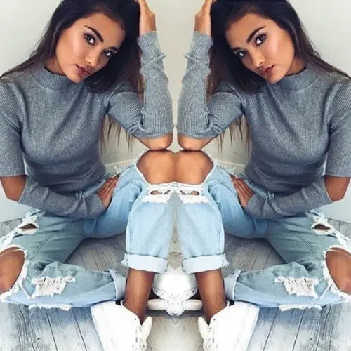 Women Elbow Ripped Jumper Sweater Crop Top Coat pullover Tops