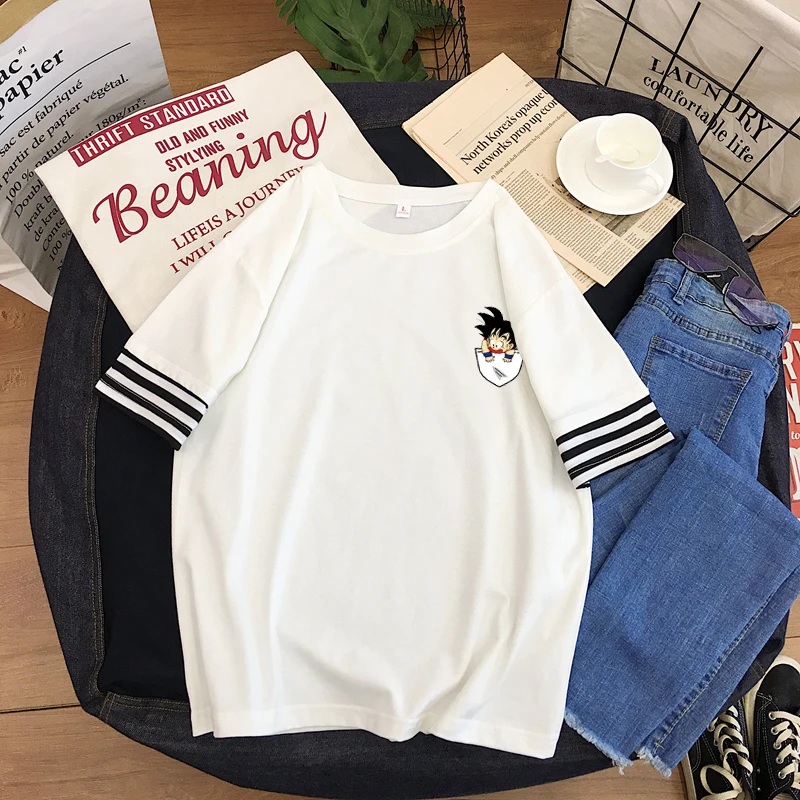 Женская футболка Харадзюку каваи милый карман Гоку Драконий жемчуг футболка с принтом летний хлопковый топ в Корейском стиле лоскутные футболки