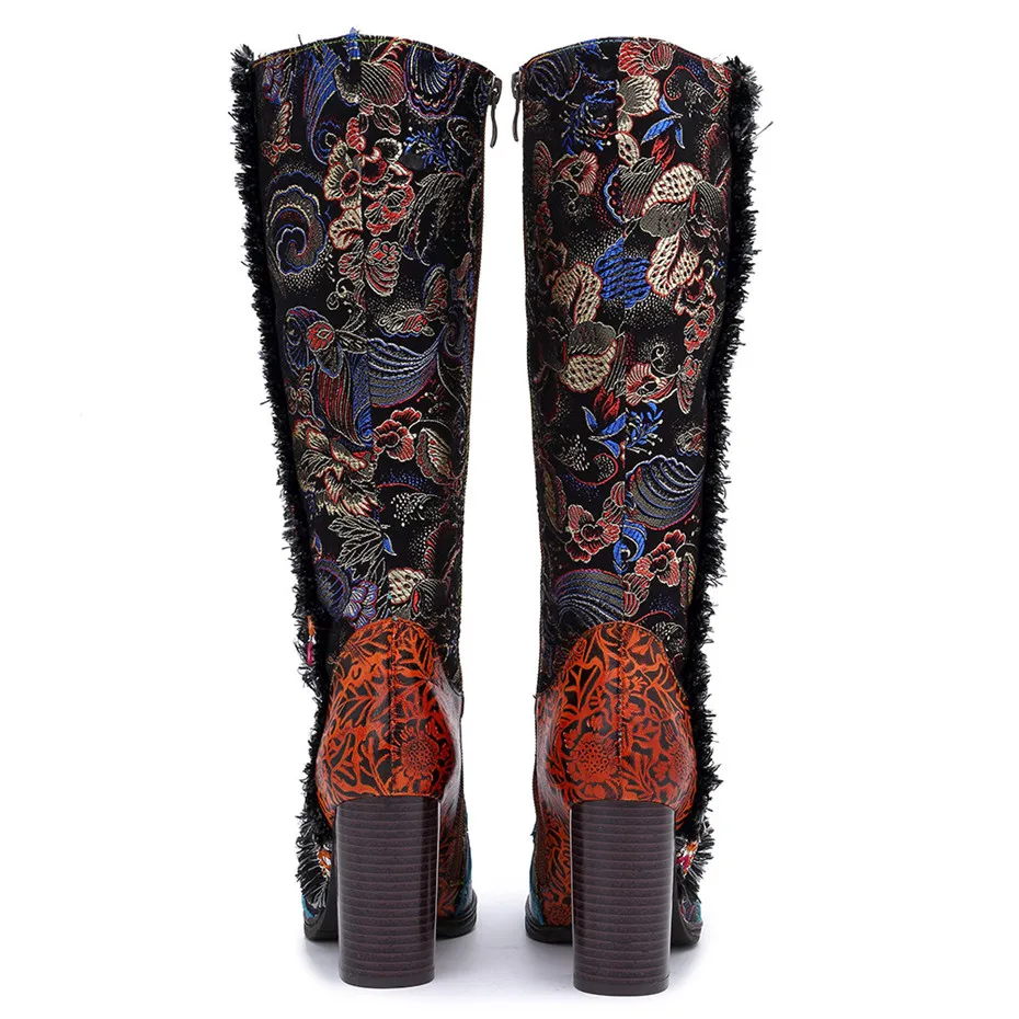 Retro Bohemian Knee High Boots Women Shoes Genuine Leather Cowgirl Women Boots Autumn Winter Vintage Zip Block Colors High Heels (1)