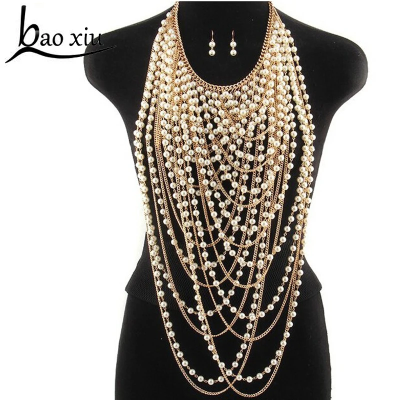 2019 přehnané korálky super dlouhé přívěsky náhrdelník ženy módní perlový náhrdelník náhrdelník tělo šperky zlato / stříbro ramenní řetízek