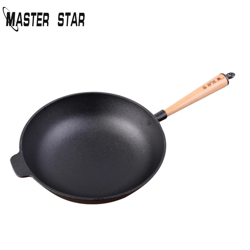 Master Star 31 см классический чугун без покрытия Woks для кухонная газовая плита с деревянной ручкой китайские Одноручные Woks