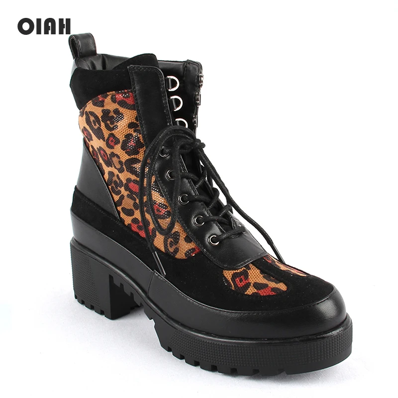 

OIAH 2019 Women Autumn Winter Shoes Square Heeled Platform Boots Fashion Ankle Boots Round Toe Lace Up Leopard Shoes for Ladies