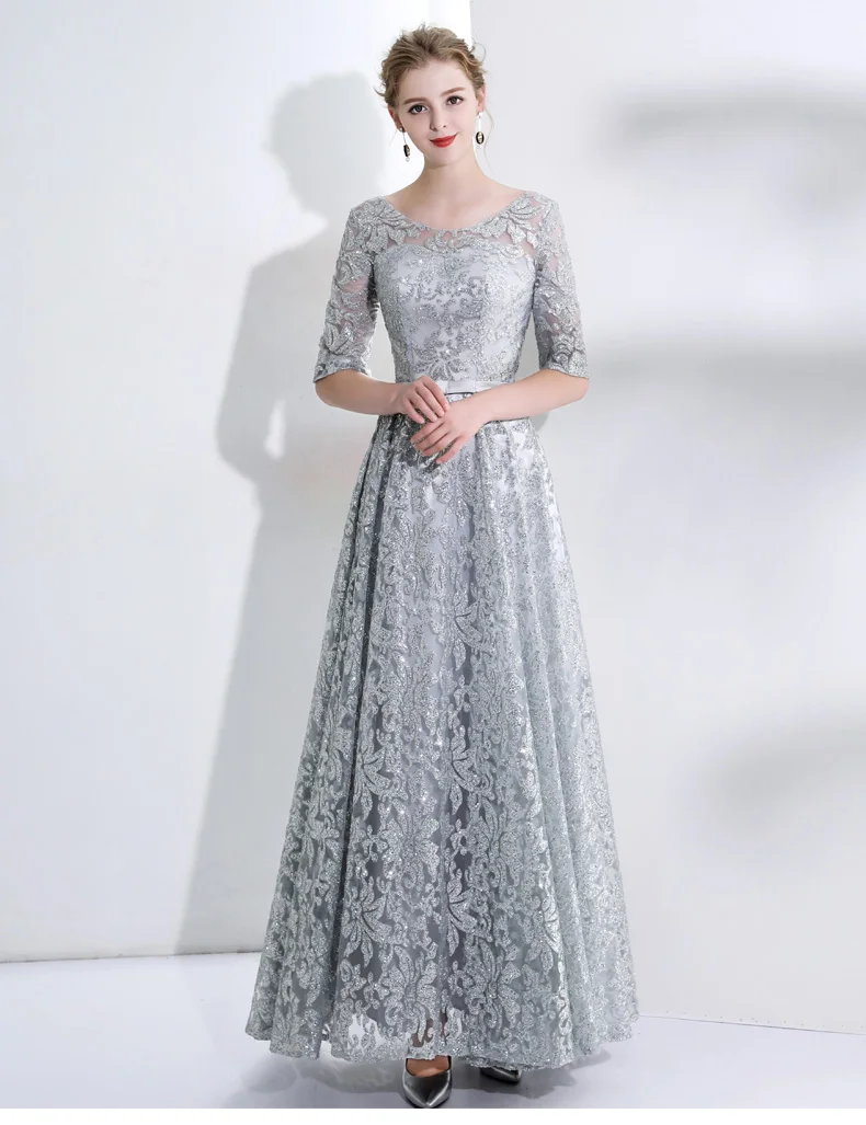 Vestidos de festa vestido longo para casamento2018 новые кружевные платья с блестками и v-образным вырезом с коротким рукавом, серебристые платья подружки