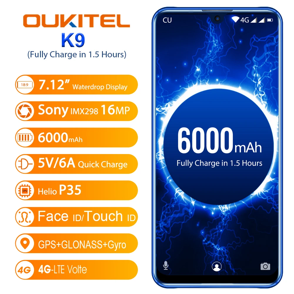 

OUKITEL K9 Waterdrop 7.12" 1080*2244 Mobile Phone 4GB 64GB Smartphone 6000mAh Octa Core Cellphone 5V/6A Quick Charge OTG Face ID