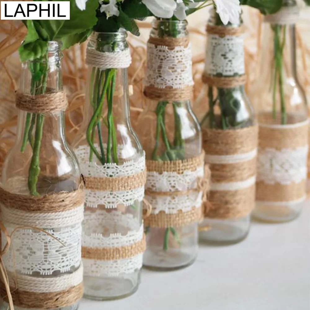 

LAPHIL 2M 5cm Natural Jute Burlap Ribbon with Lace Rustic Wedding Decoration Vintage Jute Hessain Ribbon Rolls Party Supplies