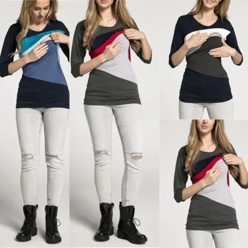 Women Maternity Clothes T-shirt 2018 New Autumn Casual Contrast Color Breastfeeding Tee Loose Pregnancy Nursing Tops S-2XL