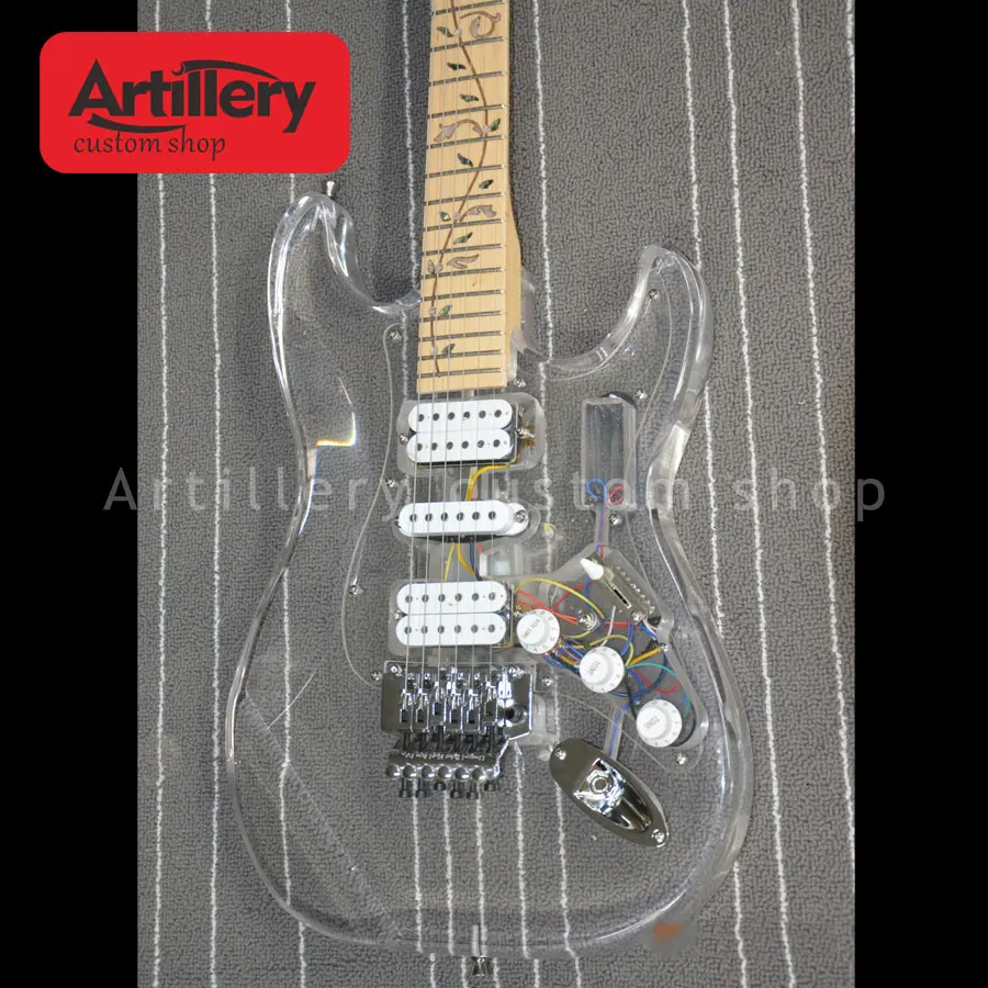 

Free shipping factory custom ST acrylic LED electric guitar 6 strings with wonderful tree inlay musical instrument shop