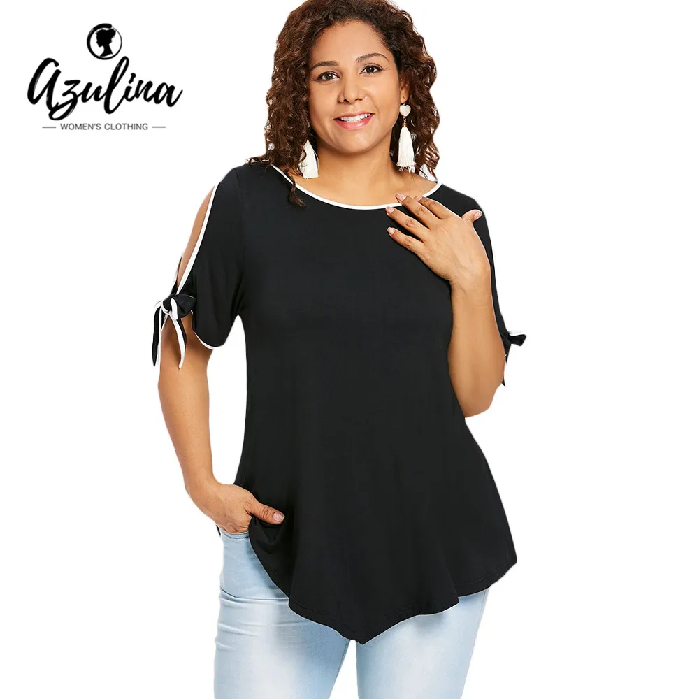 

Rosegal Plus Size Self Tie Sleeve T-Shirt Summer Autumn Women T Shirt Casual O Neck Half Sleeve Ladies Tops 2018 Black Clothing