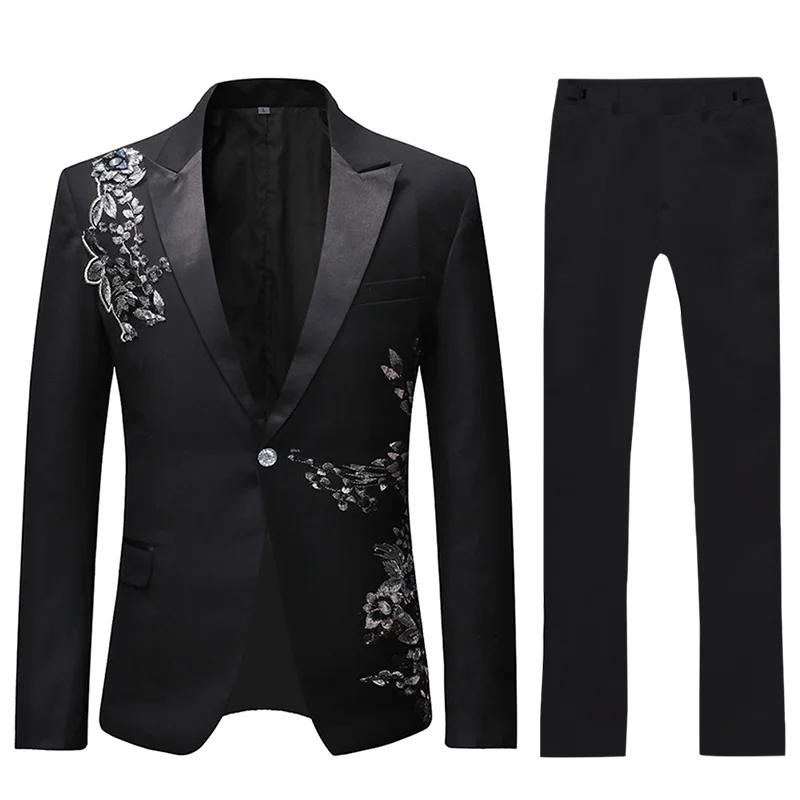 YUNCLOS 2019 New Men Applique Suit Party Dress 2 Pieces Tuxedos  Slim Fit Terno Masculino Formal Wedding Party Suits