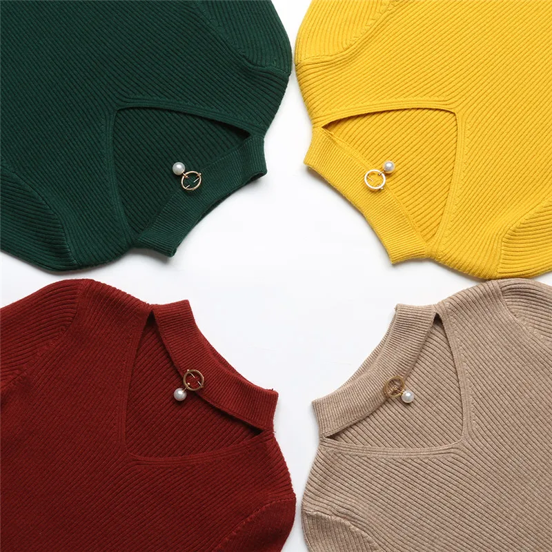 New 2019 Autumn and Winter Women Pearl Beaded Sweater V-Neck Long Sleeve Slim Women Knit Sweater and Pullover D234