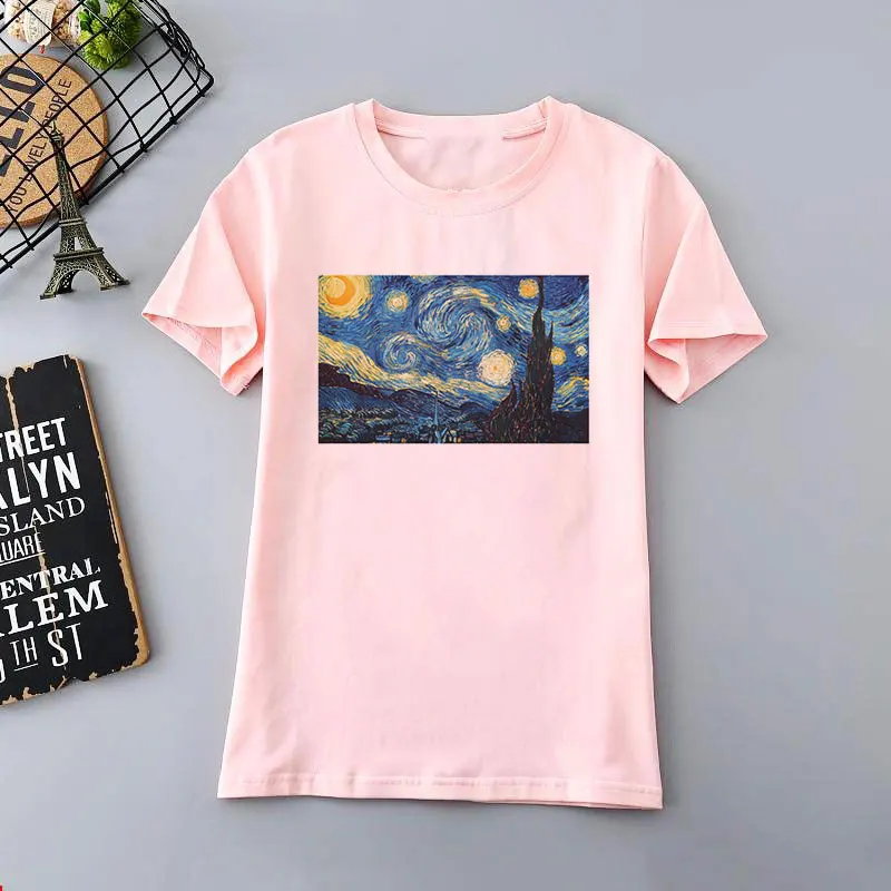 

Spring Pink Harajuku Grunge Aesthetic Kawaii Van Gogh Vintage Oil Painting Tumblr Short Sleeve INS Style Tshirt Women Clothing